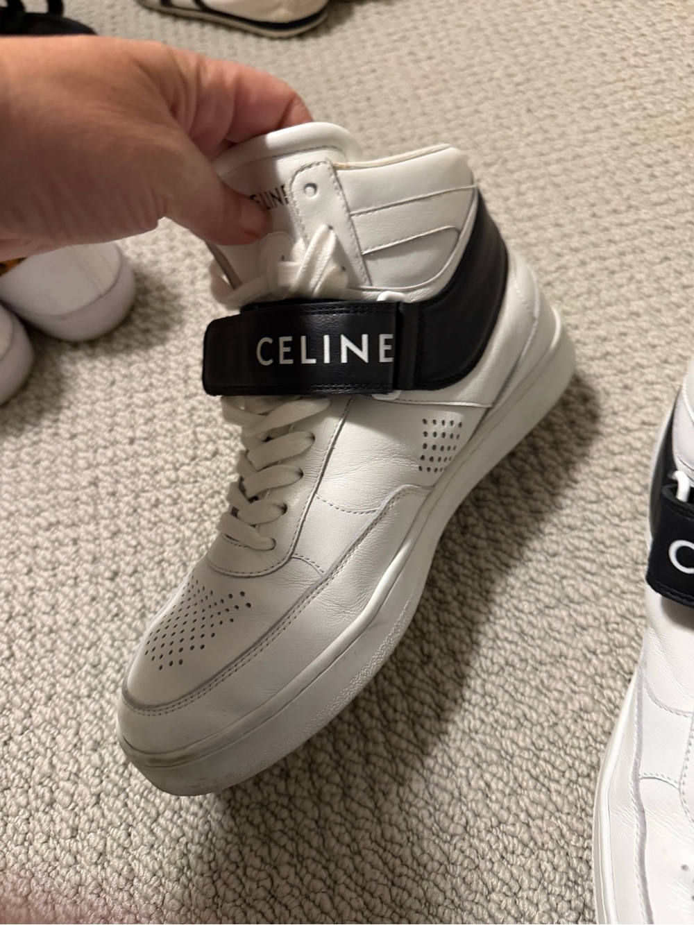 Celine White Leather High-Top Sneakers with Black Logo Strap - Picture 2 of 3